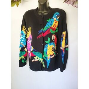 Vintage Quaker Factory Women's Medium Exotic Bird Ramie Cotton Sweater Cardigan
